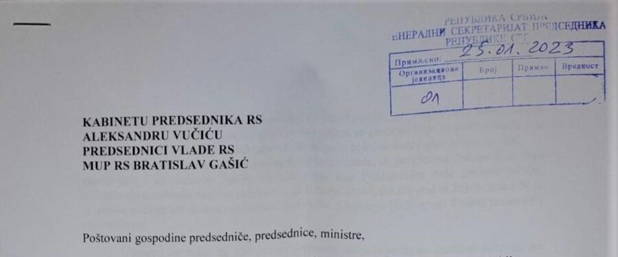 Pismo Predraga Stojšina predsedniku, premijerki i ministru unutrašnjih poslova