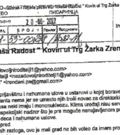 Sanitarni inspektor nije utvrdio u kovinskoj PU„Naša radost” povrede zakona iz delokruga rada druge inspekcije